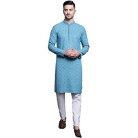 Jompers Men's Sequin Embroidered Pure Cotton Kurta With Pyjamas (Blue, L)