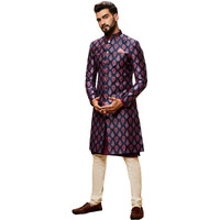 Kisah Men's Kurta Indo-Western Sherwani Churidar Set, Blue Jacquard, Woven Design Regular Fit Mandarin Collar Long Sleeves|42