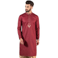 Kisah Mens Kurta, Cotton Blend Solid Dyed Mandarin Collar Long Sleeves, Maroon Ethnic Wear For Men, 38