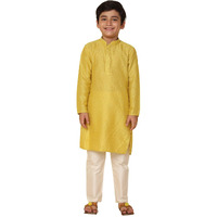 Kisah Kid's Full Sleeves Silk Blend Knee Length Woven Design Yellow Kurta Pyjama Set (7-8Y)