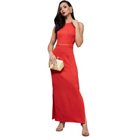 Miss Chase Women's Solid Slim Fit Round Neck Sleeveless Maxi Dress (Mcss21D14-73-64-06, Red, Xl)