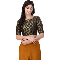 Oomph! Women's Indian Ethnic Wear Designer Square Leaf Pattern Boat Neck Half Sleeve Brocade Black Blouse For Saree Or Lehnga And Blousepalazzos Or Skirts For A Fusion Twist.