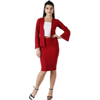 Popwings Casual Solid Shrug And Knee Length Skirt Set For Women || Co-Ords Set For Women Stylish Western || Two Piece Set Women Set For Summer || Formal Co-Ord Sets For Women Maroon