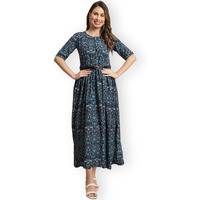Preneum Girls's Georgette Floral Printed 3/4 Slevees A-Line Fit & Flare Gown With Belt, Blue, M