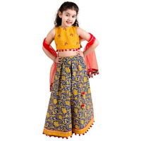 Pspeaches Girls Navy Blue Yellow Cotton Readymade Lehenga Set Blouse With Dupatta (Blue-2-3Y)