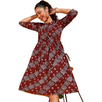 Popwings Women Casual Maroon Bandhani Printed Dress Dress | Stylish Dress | Knee Legnth Dress