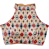 Pujia Mills Womens Readymade Halter Neck Sleeveless Printed Saree Blouse.(Halter Neck Print Gold_38)