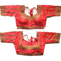 Pujia Mills Pujia Mils Women's Multicolor Phanotm Silk Embroidery Heavy Thread Sequence And Zari Work Readymade Saree Embroidery Sleeve Blouse (Hariyali Gajari 38)
