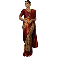 Satrani Women's Silk Blend Weaving Banarasi Saree With Unstitched Blouse Piece (4121S2914N_Beige & Maroon & Golden)