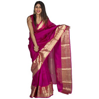 Satrani Women's Organza Dyed & Jacquard Border Saree With Unstitched Blouse Piece(2763S111N_Dark Pink)