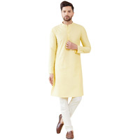 See Designs Men Long Sleeve Side Slit Mandarin Collar Yellow Cotton Solid Straight Kurta - Sdkt2487L