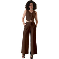 Selvia Women's Co-Ords Set|Lycra V-Neck Solid Crop Top And Pant Set|Formal Co-Ords Set For Women|Two Piece Co-Ord Set|Top & Trouser Set(640Ctk11283N-L_Brown)