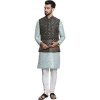 Sojanya (Since 1958 Men's Silk Blend Print Sea Green Kurta & Cream Pyjama With Black Nehrujacket