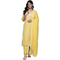 Varanga Women's Mustard Woven Design Round Neck, Three Quarter Sleeves Paired With Tonal Bottom And Dupatta.