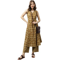 Fiorra Women's Brown Cotton A-Line Kurta With Palazzo Set0096