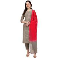 Fiorra Women's Grey Poly Crepe Straight Kurta With Pant And Dupatta Set0034-Xl