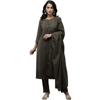 Ishin Women's Pure Cotton A-Line Embroidered Thread Work Woven Design Print Olive Kurta Suit Set With Trouser Kpldflow-Ff-10094_M_Olive