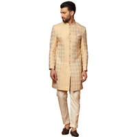 Kisah Men's Peach Sherwani Trousers Set, Cotton Full Sleaves, Knee Length, Straight, Regular Fit, Mandarin Collar Ethnic Wear