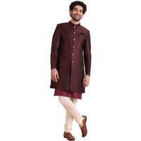 Kisah Men's Maroon Indo-Western Kurta Sherwani Churidar Set Cotton Full Sleaves, Knee Length, Straight, Regular Fit, Mandarin Collar Ethnic Wear