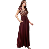 Miss Chase Women's V-Neck Cap Sleeves Lace Overlaid Fit & Flare Maxi Dress With Pockets (Plus (Mcss24D97-12-603-06, Wine & Beige, Xl)