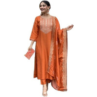 Nermosa Women Embroidery Silk Straight Kurta And Pant Set With Dupatta (In, Alpha, M, Orange)