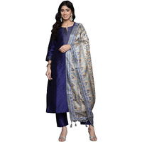 Varanga Women Navy Blue Woven Zari Embroidered Kurta Set With Bottom & Printed Bhagalpuri Dupatta  Round Neck, Zari Work At Placket, Three-Quarter Sleeves, Kurta Plazo Set For Women (Small)