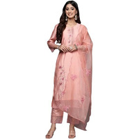 Varanga Women Peach Embroidered Kurta Set With Tonal Pant And Dupatta