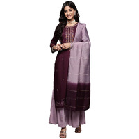 Varanga Women Purple Embroidered Kurta With Contrast Color Sharara And Dupatta, Multi-Color Thread Embroidery, Round Neckline, 3/4Th Sleeves, Straight Kurta With Slit