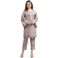 Womanista Women Silk Blend Solid Grey Colour Regular Fit Tonal Seuiqnns Embroidey Work Tunic With Trouser Set(Co-Ords_9063_Xxl)