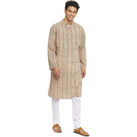 Fabindia Men Cotton Slim Fit Collar Printed Long Kurta Chinese_Xs Beige