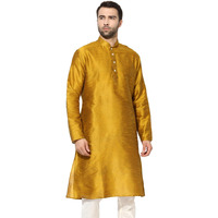 Kisah Mens Kurta, Dupion Silk Solid Mandarin Collar Long Sleeves, Yellow Ethnic Wear For Men, 36