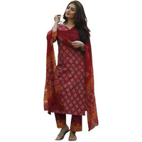 Pinkmint Kurta Set For Women Motifs Straight Printed Straight Kurta & Pant With Dupatta Maroon