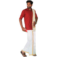 Prakasam Cotton Mens White Welcro Pocket Readymade Dhoti With Golden Jari Border + Matching Jari Cotton Single Towel Set Only (Shirt Not Included)