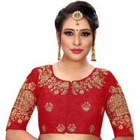 Pujia Mils Women's Silk Checkered Half Sleeve Blouse (Checks_Red_38)