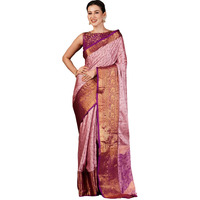 Satrani Women's Self Woven Banarasi Jacquard Kanjivaram Silk Blend Saree With Unstitched Blouse Piece (3746S2643N_Light Pink & Purple)