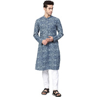 See Designs Mens Kurta | Specially Crafted And Designed For The Eid Festival Blue & White Cotton Printed Kurta Set | Sdkt88601L
