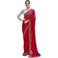 Satrani Women's Stone Work Embellished Georgette Saree With Unstitched Blouse Piece (3731S176N_Red)