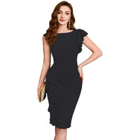 Shasmi Girl's & Women's Asymmetrical Sleeve Ruffle Trim Cocktail Party Fitted One Piece Knee Length Midi Dress For Women Stylish Dresses (Midi 169 Black-S)