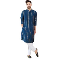 See Designs Men Full Sleeve Side Slit Teal And Gold Chanderi Silk Sequins Mandarin Collar Kurta - Sdkt2429M