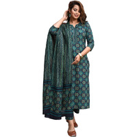 Alvami Viscose Women Printed Straight Kurta And Pant Set With Dupatta (M) Green