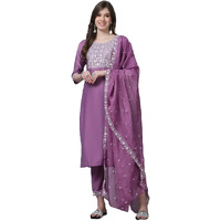 Alvami Women Embroidery Straight Kurta And Pant Set With Dupatta (M) Pink