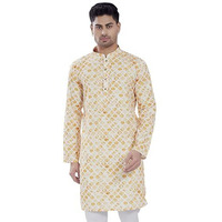 Divisive Men's Sequince Embroidered Printed Cotton Blend Only Slim Fit Kurta (Dkrt683_L_Cream Yellow)