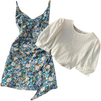 Gufrina Elegant Women's Two-Piece Dress Set With Crop Top And High-Waist Skirt For Casual (Blue S)