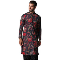 Kisah Men's Kurta, Black Blended, Ethnic Motifs Regular Fit Mandarin Collar Long Sleeves (M)