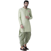 Kisah Men's Indo-Western Sherwani Dhoti Set, Green Silk Blend, Jacquard Regular Fit Long Sleeves Mandarin Collar (44)