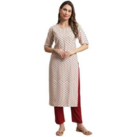 Pinkmint Kurta Set For Women Cotton Printed Knee Length Straight Round Neck Kurti With Pant (Pack Of 1) White-Red