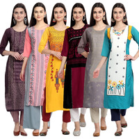 Pinkmint Elegant Printed Crepe Kurti's For Women's Ll Fashionable Kurti Ll Stright Round Neck Kurti (Pack Of 6)
