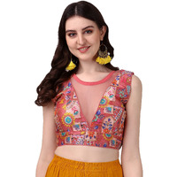 Pujia Mills Women's Phanotm Silk Floral Sleeveless Saree Blouse (Pp 4_Peach_38)