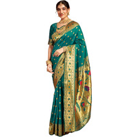 Satrani Women's Silk Paithani Jacquard Weaving Saree With Unstitched Blouse Piece (4046S6299N_Teal Green)