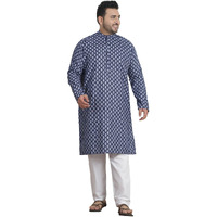 Sojanya Plus (Since 1958) Men's Cotton Blend Printed Navy Blue Kurta With White Churidar Pyjama